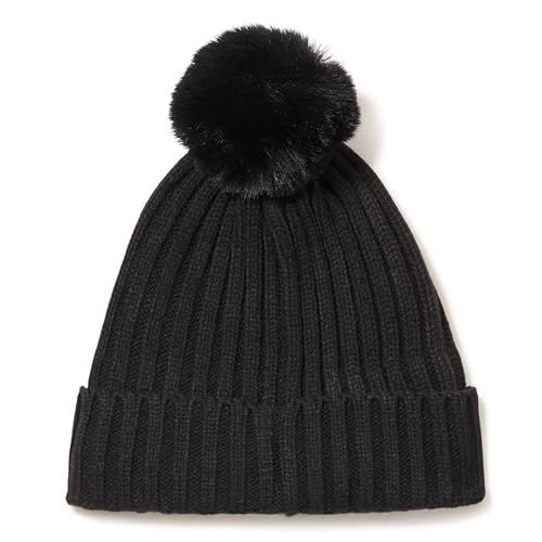 Calvin Klein Women's Faux Fur Pom Winter Beanie with Velboa Fleece Lining - color: Black