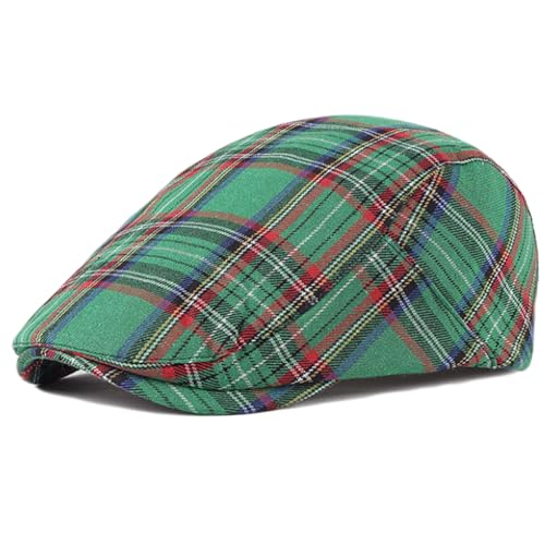 Mens Plaid Newsboy Flat Cap Ivy Gatsby Driving Hunting Cabbie Hat - color: Green-plaid B