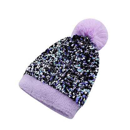 Women Sparkly Sequins Knitted Beanie Hat Warm Winter Skull Cap with Faux Fur Pom Pom - color: Purple