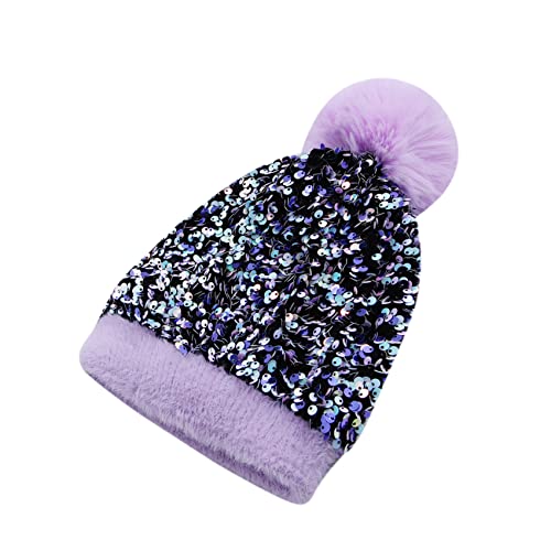 Women Sparkly Sequins Knitted Beanie Hat Warm Winter Skull Cap with Faux Fur Pom Pom - color: Purple
