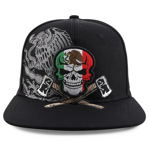 Trendy Apparel Shop Mexico Eagle Skull Head with Cross Axe Embroidered Snapback Cap - color: Black Black
