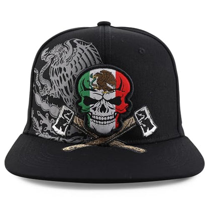 Trendy Apparel Shop Mexico Eagle Skull Head with Cross Axe Embroidered Snapback Cap - color: Black Black