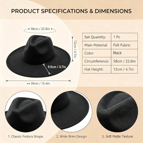 Classic Wide Brim Felt Fedora Hat for Men Women - color: Black