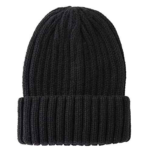 Connectyle Women's Rib Knit Cuffed Beanie Hat Stretch Acrylic Winter Hat Thick Warm Snow Ski Cap - color: Black