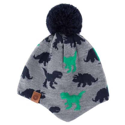 Duoyeree Kids Beanie Dinosaur Pom Pom Knit Winter Hat Fleece Lined for 1-7T - color: Dinosaur Hat and Scarf Set, size: 4-7 Years