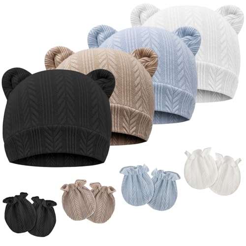 Newborn Baby Hat and Mittens Set Bear Ears Toddler Infant Beanie Caps Newborn Hospital Hat for Baby Boy Girl 0-3 Months - color: Wheat Patterned Bear Ear C