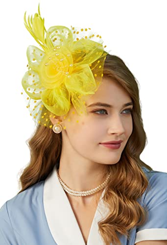 Fascinators Hat for Women Tea Party Headband Kentucky Derby Wedding Flower Cocktail Mesh Feathers Hair Clip - color: 1-yellow