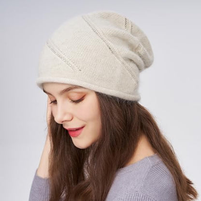 Women's Knitted Angora Wool Hat for Autumn and Winter Warm and Stylish with Rolled Brim and Slanted Rhinestones Cap - color: New-beige