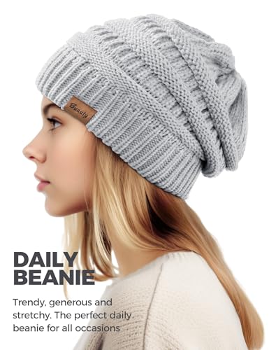 Slouchy Beanies for Women Cable Knit Winter Hats Ladies Gifts Chunky Skull Cap Thick Warm Stocking Caps for Cold Weather - color: Light Grey