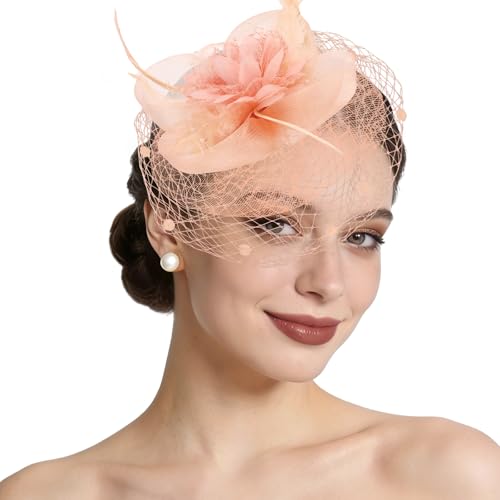 Semato Fascinators Hats for Women Mesh Feathers Elegant Peach Pink Tea Party Kentucky Hat Derby Headband with Hair Clip - color: Peach Pink