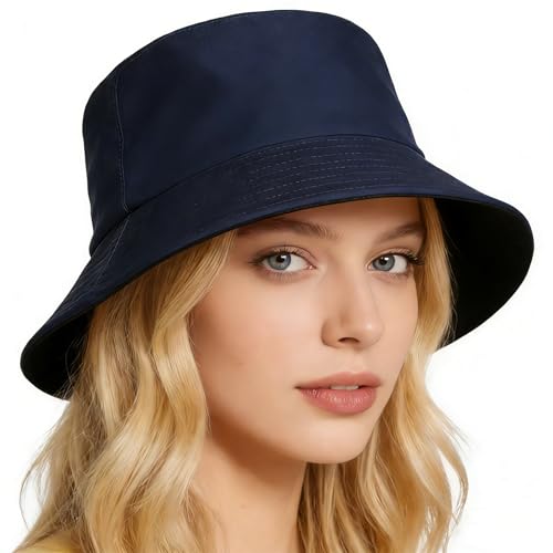 Bucket Hat for Men and Women 2-in-1 Reversible Sun Protection Fashion Flat Top Cap for Fishing Travel Beach Sports - color: Navy-black
