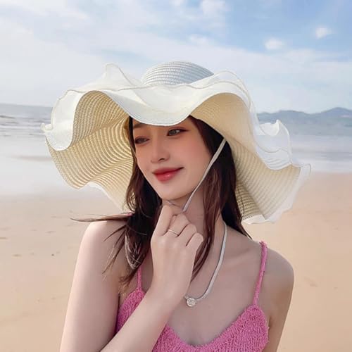 Women Summer Straw Hat Sun UV Protection Wide Brim Breathable Beach Visor Hats - color: Pale Yellow