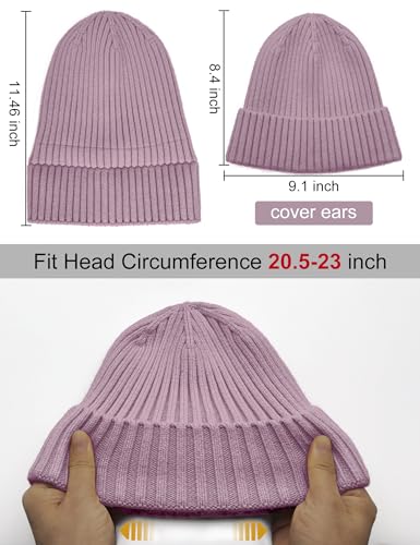 Satin Lined Wool Acrylic Blend Beanie Hat Women Men, Winter Knit Cap - color: Pinky Purple