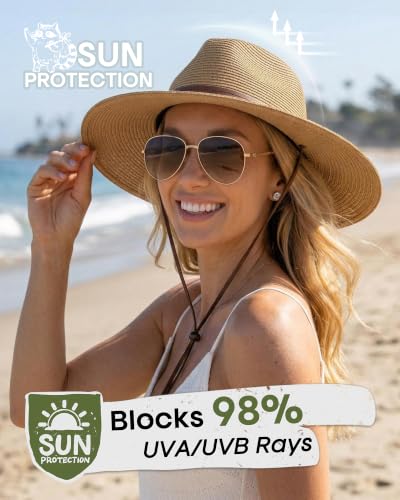 FURTALK Sun Hat Panama Fedora Straw Beach Hat with Wind Lanyard UPF - color: Khaki, size: Large-X-Large
