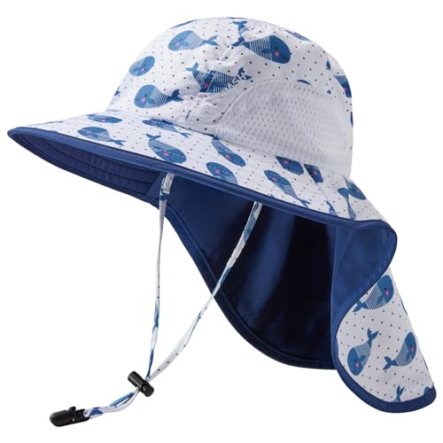 BASSDASH Kids UPF 50+ Wide Brim Sun Hat with Neck Flap Lightweight Cooling Performance Toddler Girls Boys Outdoor Play Hats - color: Dark Blue/Whales, size: Small