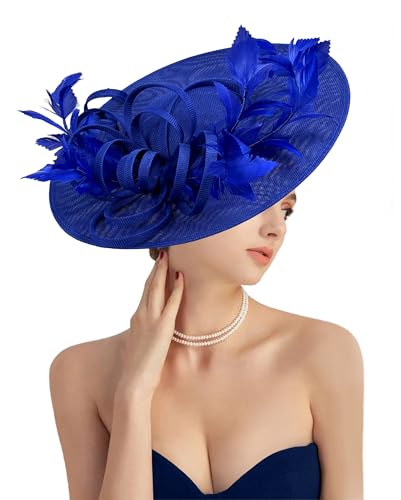 dressfan Fascinator Hats for Women,Linen Vintage Feather Headwear for Derby/Church/Wedding/Cocktail/Tea Party - color: Royal Blue