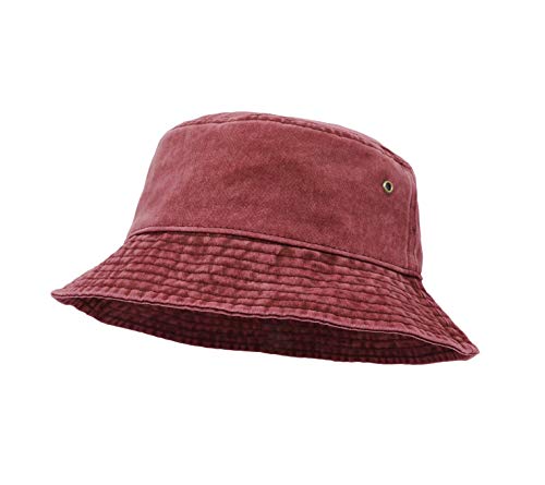 Bucket Hat, Wide Brim Washed Denim Cotton Outdoor Sun Hat Flat Top Cap for Fishing Hiking Beach Sports - color: Wine Red