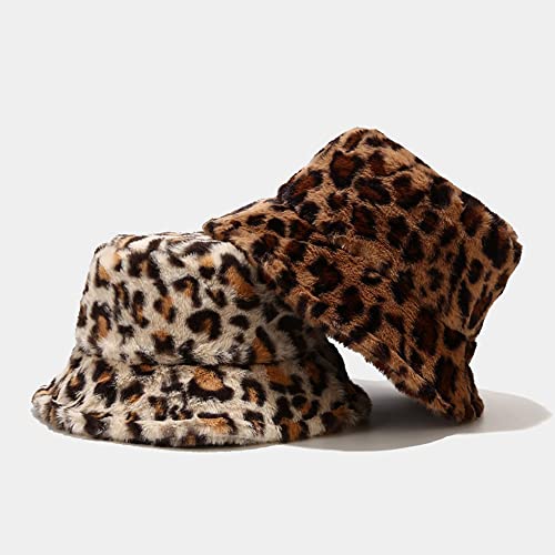 Dirholl Women's Winter Faux Fur Fuzzy Warm Bucket Hat - color: Small Leopard Beige