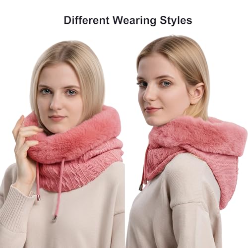 HUAMULAN Women Cable Knit Balaclavas Winter Fleece Lined Beanie Hat - color: Dusty Pink