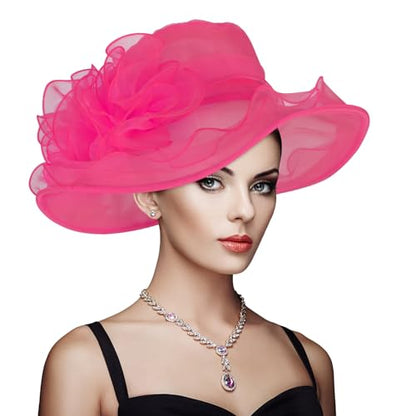 Derby Hats for Women 2025 Equestrian Derby Tea Party Fascinators Wide Brim - color: Hot Pink