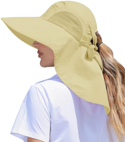Womens Sun Hat Outdoor UV Protection Wide Brim Fishing Hat with Ponytail Hole Neck Flap for Beach Hiking Camping - color: Light Khaki