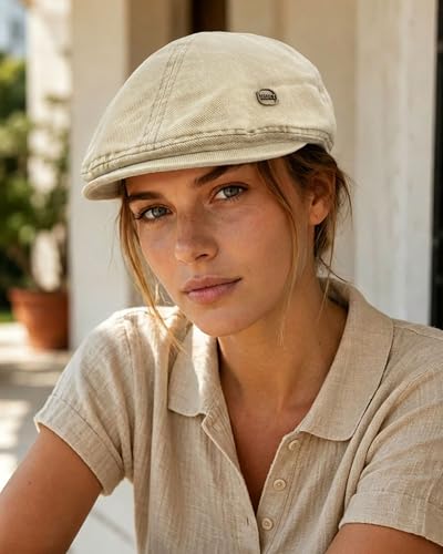 CLAPE Washed Denim Flat Cap for Men, Vintage Newsboy Scally Driver Hat, Adjustable Fit - color: Nb2610-washedkhaki