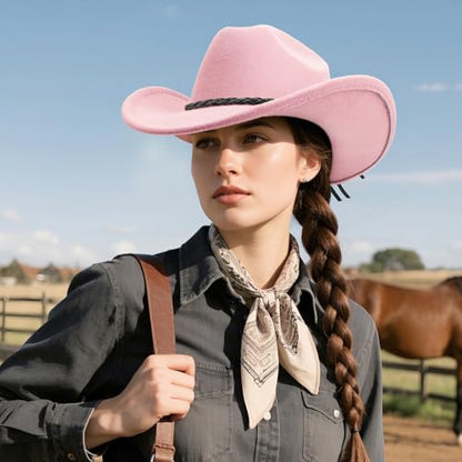 DRESHOW Western Cowboy Hat for Men Women Cowboy Cowgirl Hat Outdoor Wide Brim Retro Felt Fedora Hats Unisex Rolled up Caps - color: 1 Pack Style 8: Light Pink