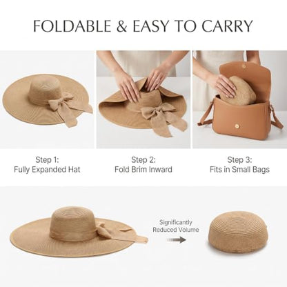 ericotry Womens Folable Floppy Hat Wide Floppy Brim Summer Beach Sun Hat Large Brimmed Garden Beach Sun Hat Big Summer Straw Cap Party Garden Travel (Khaki)