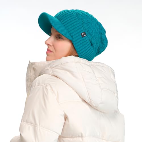 C.C Fuzzy Fleece Lined Warm Oversized Chunky Soft Stretchy Oversized Two Way Ribbed Slouchy Knit Hat with Visor Brim - color: Teal Blue