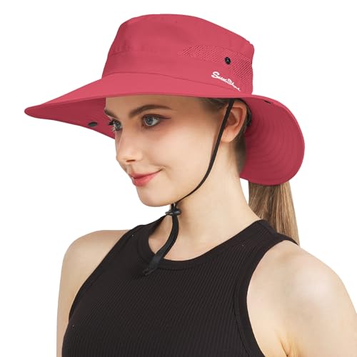 NPJY Ponytail Sun Hats for Women Men Wide Brim UPF Fishing Bucket Hat - color: Watermelonred(ponytail Hole)