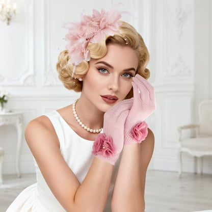 Pistha Fascinators Hats for Women and Tea Party Gloves for Tea Party Dress - color: Nude Pink