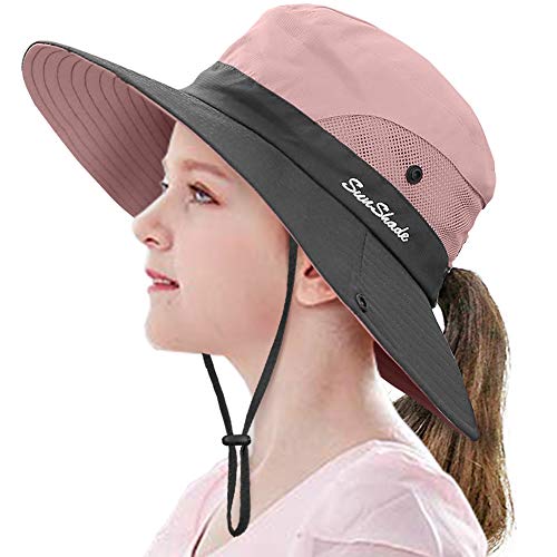 LCZTN Kids Ponytail Sun Hat Wide Brim UV Protection for Girls Beach Bucket Cap - color: Light Pink, size: Medium