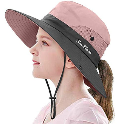 LCZTN Kids Ponytail Sun Hat Wide Brim UV Protection for Girls Beach Bucket Cap - color: Light Pink, size: Medium