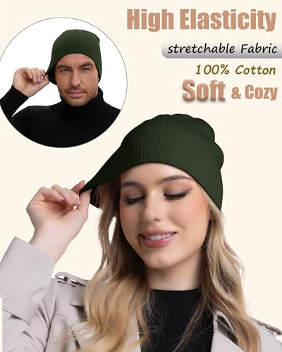 100% Cotton Beanie Hat Cuffless Beanies Warm Knit Winter Skull Cap - color: 1pcs-olive Green