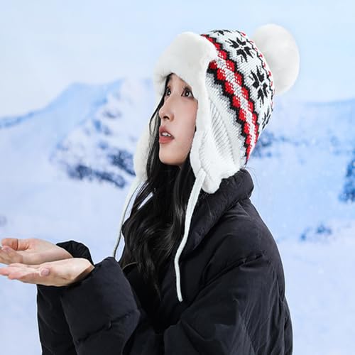 Women Winter Beanie Hat Thick Fleece Lined Warm Earflap Trapper Hat Pom Pom Jacquard Knited Outdoor Ski Snow Cap - color: Style 2-white