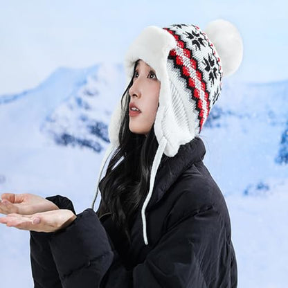 Women Winter Beanie Hat Thick Fleece Lined Warm Earflap Trapper Hat Pom Pom Jacquard Knited Outdoor Ski Snow Cap - color: Style 2-white
