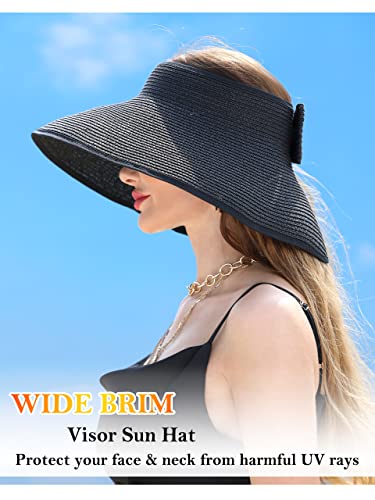 sy soul young Women's Straw Hat with Ponytail Hole Wide Brim Visor Sunhat - color: Black
