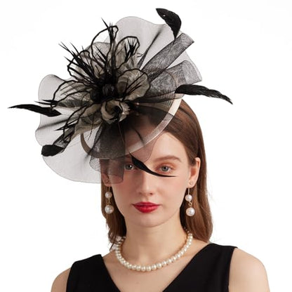 Women Organza Church Derby Hat Wide Brim Sun Caps for Wedding Tea Party Hat with Detachable hat Flower as Headgear - color: 11-beige