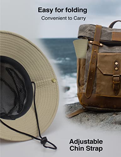 Sun Hats for Men Women UPF 50+ Wide Brim Bucket Hat Waterproof Packable Cowboy Hat for Fishing Beach Safari Gardening Golf - color: Khaki