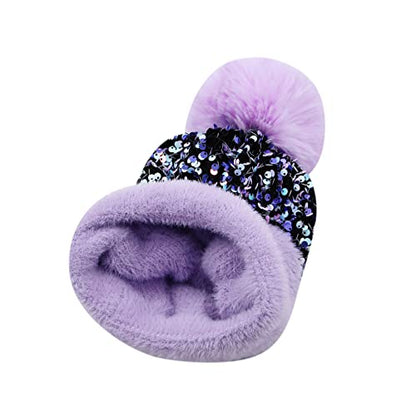 Women Sparkly Sequins Knitted Beanie Hat Warm Winter Skull Cap with Faux Fur Pom Pom - color: Purple