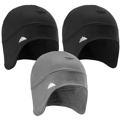 Tough Headwear Thermal Skull Cap - Moisture-Wicking Running Beanie - Snug Fit Ski Helmet Liner - Lightweight Cycling Cap - color: Black (2 Pieces) & Gray (1 Piece)