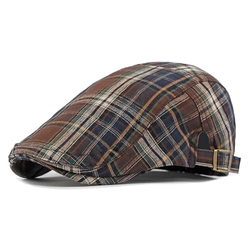Summer Tartan Plaid Newsboy Cap Adjustable Cotton Gatsby Cabbie Outdoor Sun Flat Hat - color: Coffee