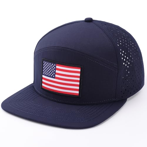 American Flag Baseball Cap, Flat Bill Brim Hat for Men Women, Patriotic Mesh Snapback Hats - color: Navy