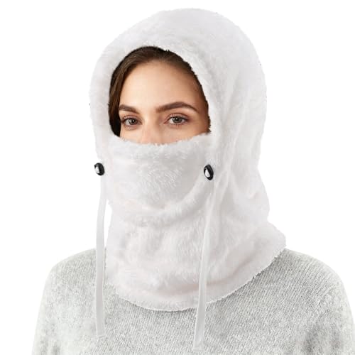 Connectyle Balaclava Hood Winter Hat for Men & Women Windproof One-Piece Fleece Hooded Scarf Ski Mask Cold Weather Hat - color: White