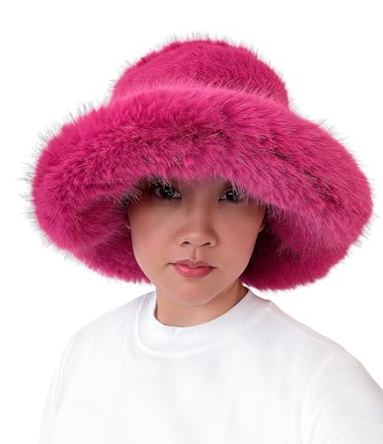 Lina & Lily Oversized Winter Faux Fur Bucket Hat for Women - Long Pile Fur Wide Moldable Brim - color: Dark Pink