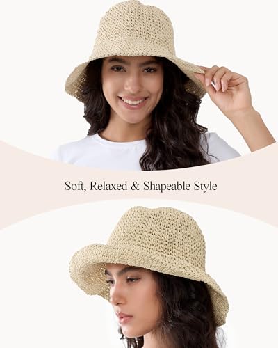 Womens Crochet Straw Sun Hat Foldable Floppy Wide Brim Beach Hat for Summer - color: Beige