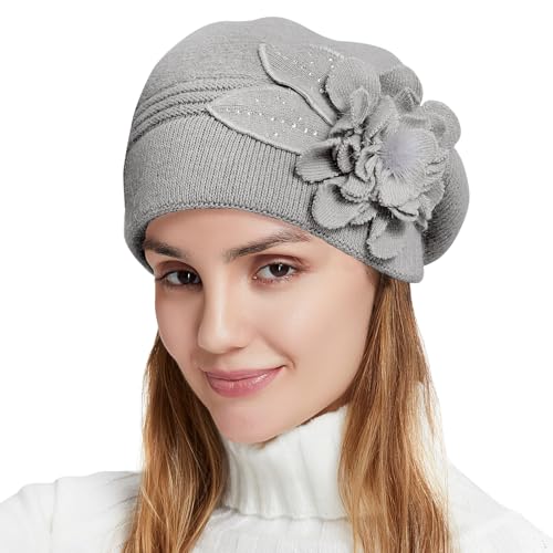 Flower Women Beret, Double Layer Thickened Winter Knitted Beanie Beret Hat, Stylish French Dress Beret Hats for Women - color: Light Gray