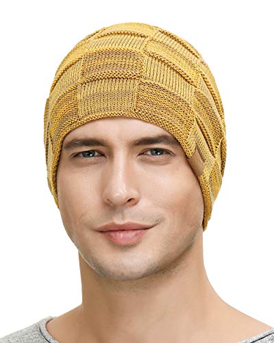 Vgogfly Slouchy Beanie for Men Winter Hats for Guys Cool Beanies Mens Lined Knit Warm Thick Skully Stocking Binie Hat Pairs - color: Black / Yellow