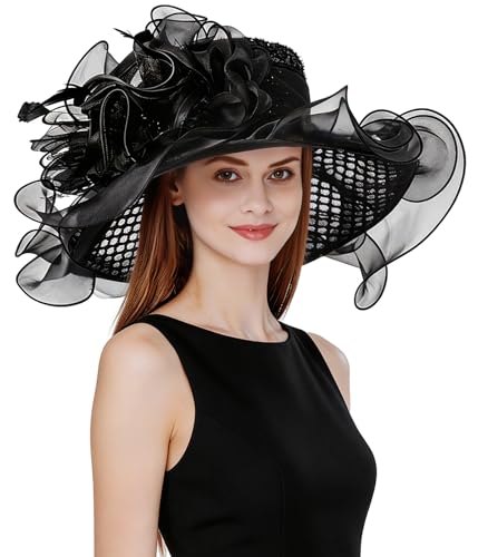 Z&X Women Organza Church Derby Hat Wide Brim Sun Hats for Wedding Tea Party Fascinator Hat, Dual-use - color: 2001- Black