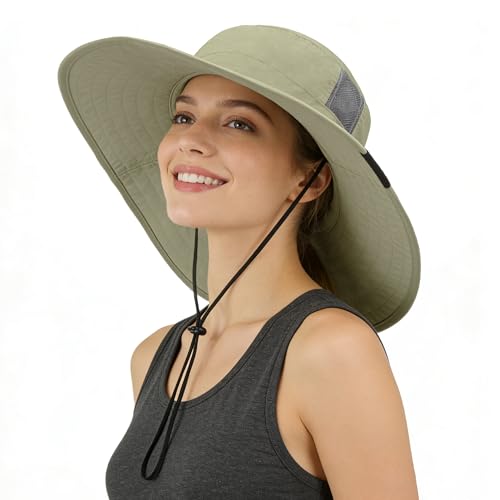 Tirrinia Sun Hats for Women, Wide Brim Hat with Ponytail Hole - color: Olive-22.44‘’head